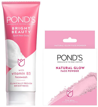 POND's Bright Beauty Spot-less Glow Face Wash With Vitamins, Removes Dead Skin Cells & Dark Spots, Double Brightness Action, All Skin Types, 100g & Pond's  Natural Glow Face Powder, Pink Glow - 30G